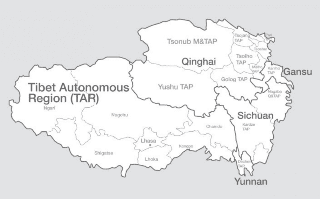 Map of historical Tibet, divided into Chinese provinces