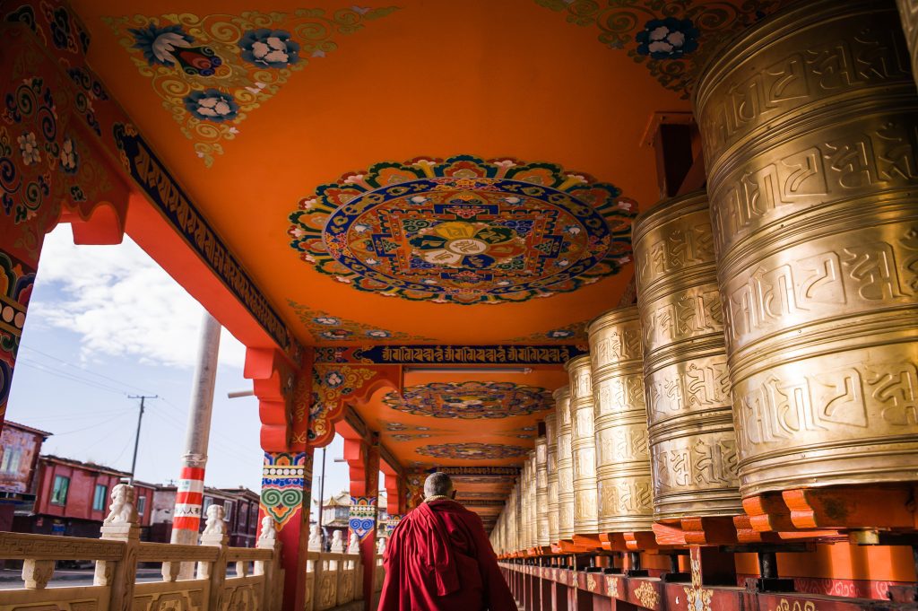 Prayer wheels in a Tibetan monastery