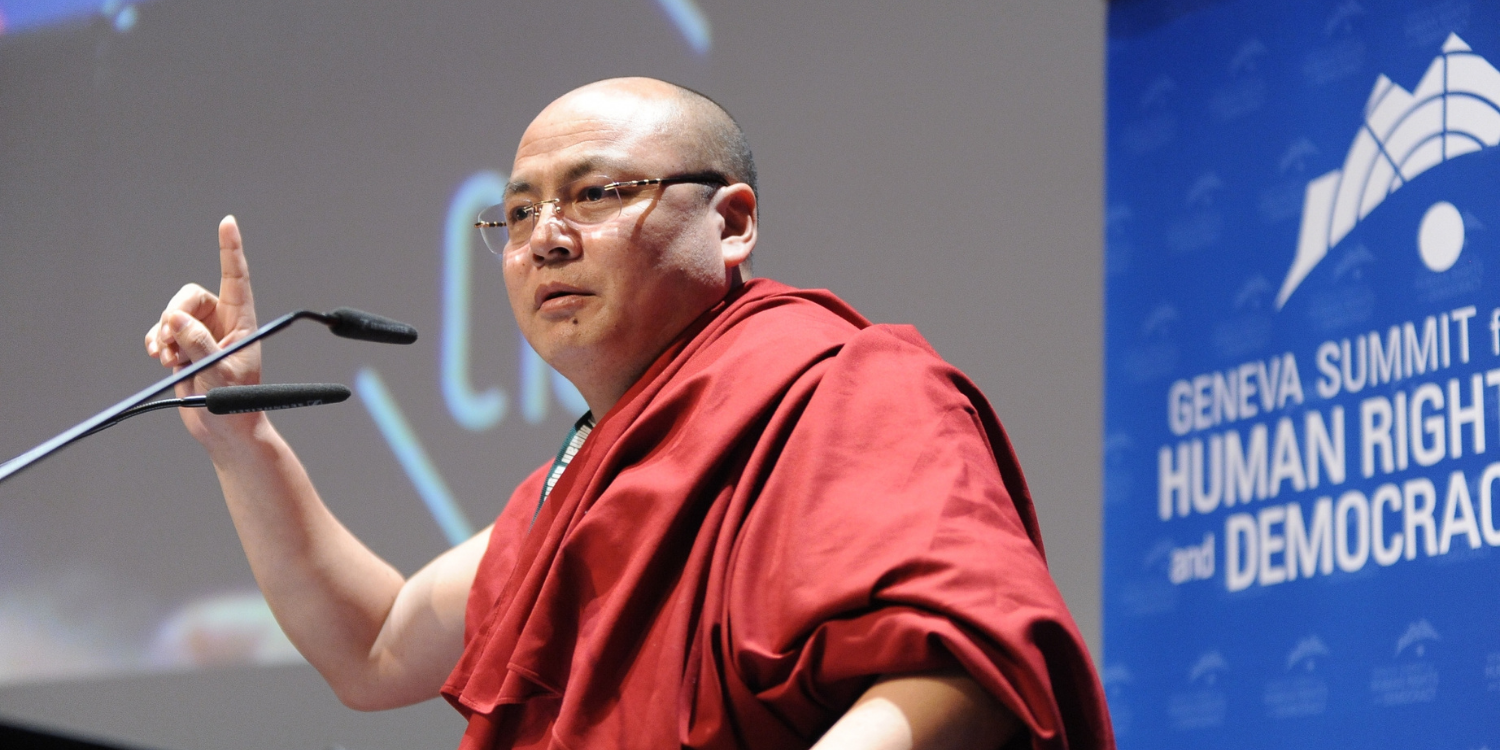 Golog Jigme, a Buddhist monk and human rights activist who was jailed and tortured for making the documentary “Leaving Fear Behind”, addresses the 8th Annual Geneva Summit for Human Rights and Democracy
