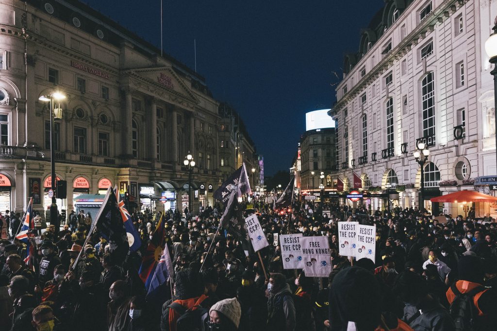Protesters gather at Piccadilly Circus.