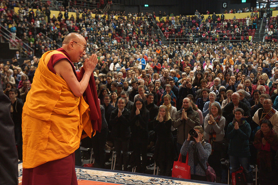The Dalai Lama addresses the crowd in Basel, Switzerland in 2015