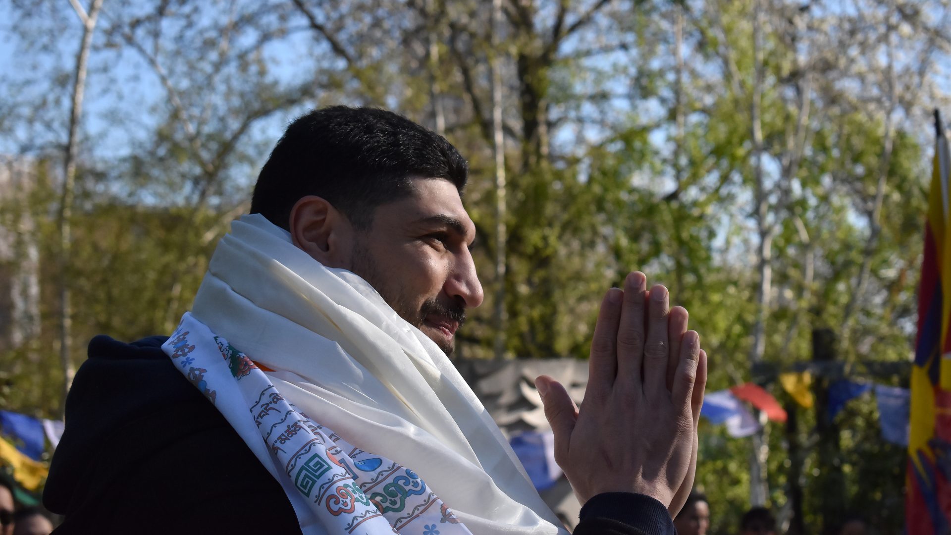 Enes Kanter Freedom puts his hands together in thanks towards the Tibetan Community for their warm welcome.