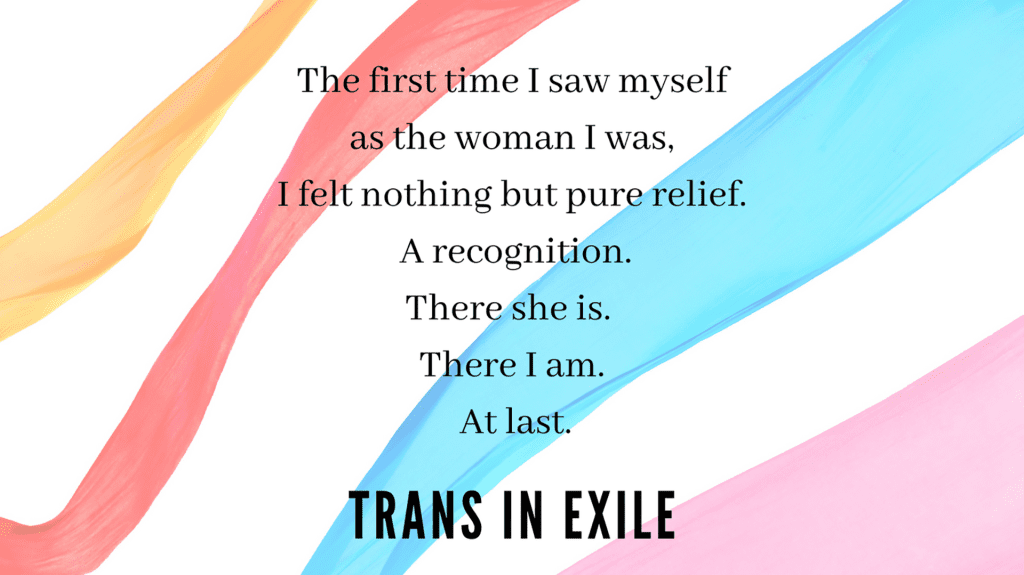 A quote from 'Trans in Exile' reading: "The first time I saw myself as the woman I was, I felt nothing but pure relief. A recognition. There she is. There I am. At last."
