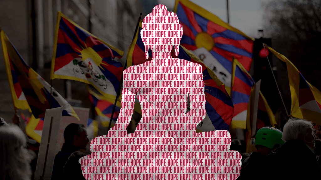 The word "Hope" repeated in the shape of a Buddha statue, against a background of Tibetan flags at a protest.