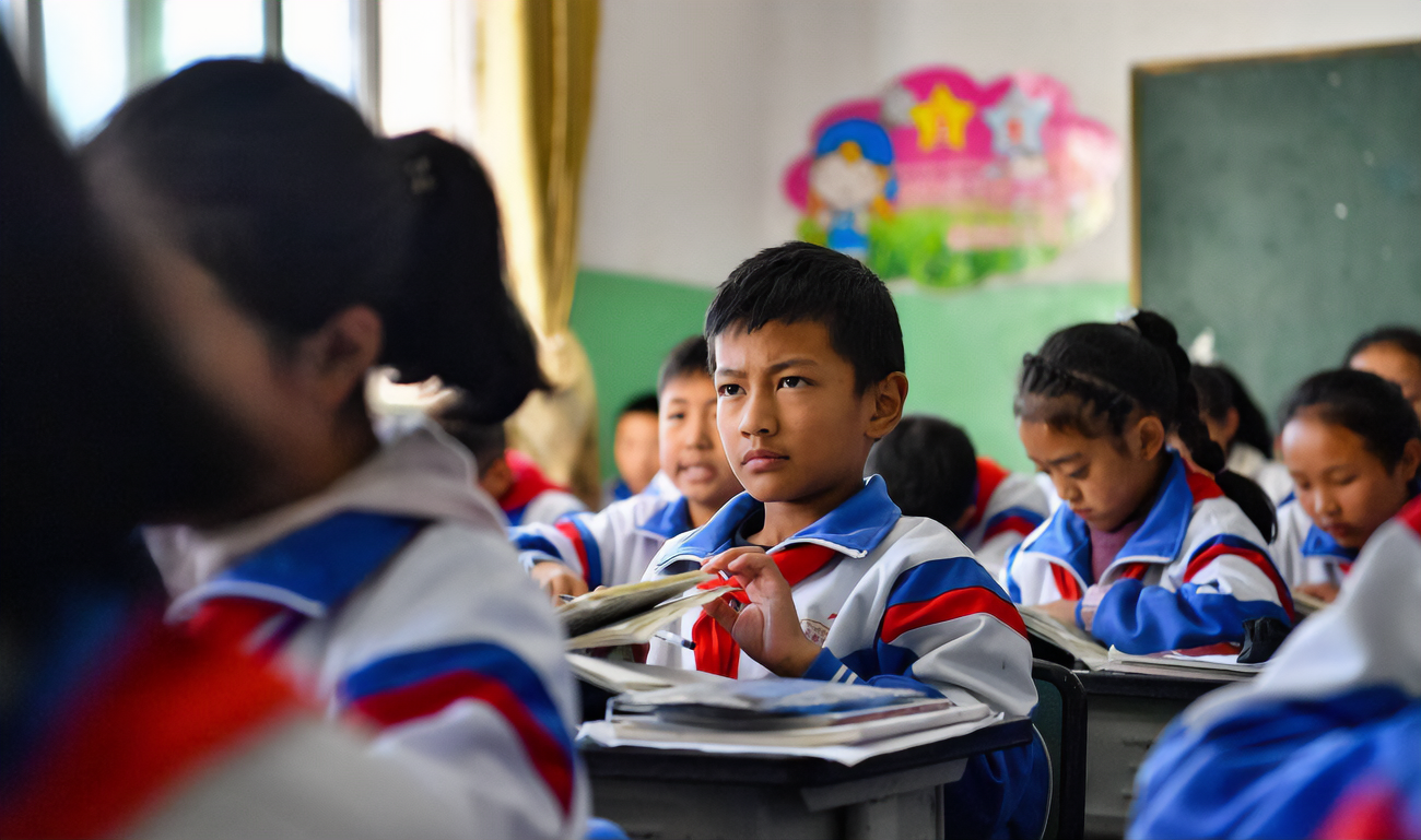 Tibetan children sit stoically in a Sinicized classroom.