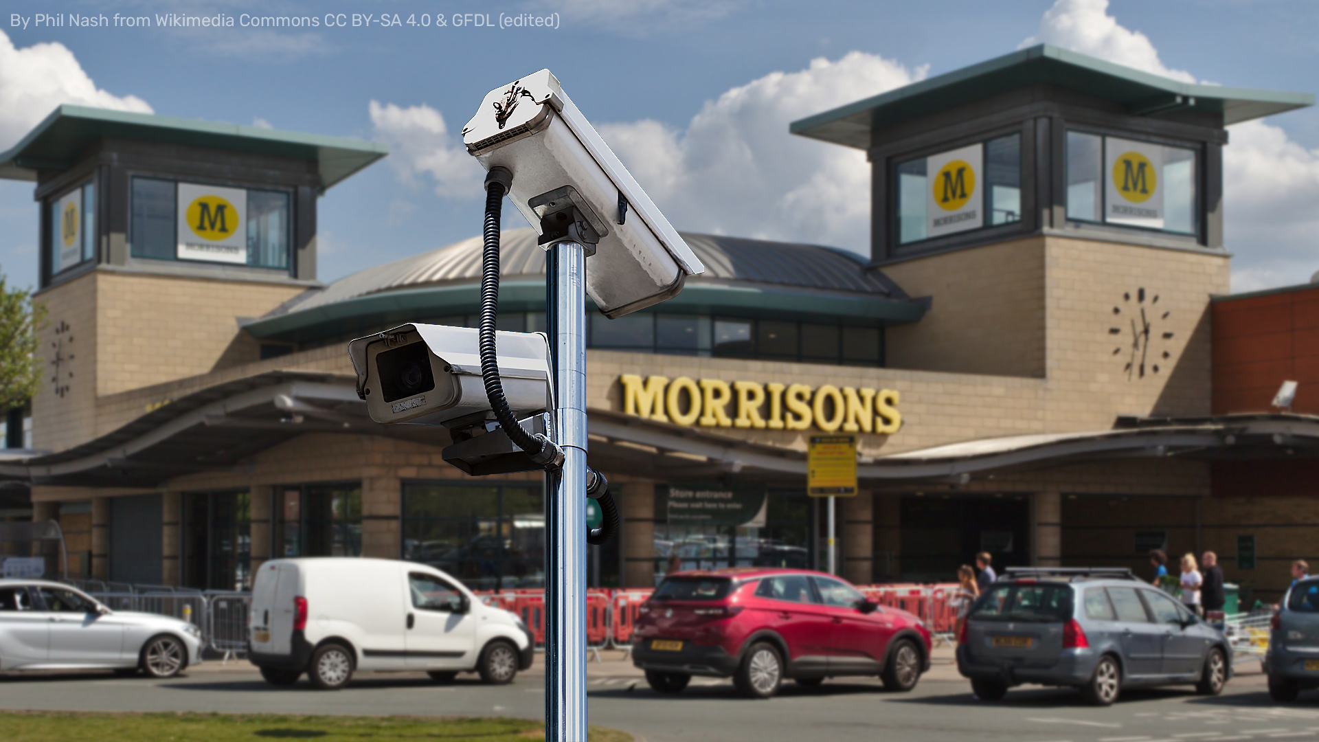 CCTV camera outside a Morrisons store (edited image).