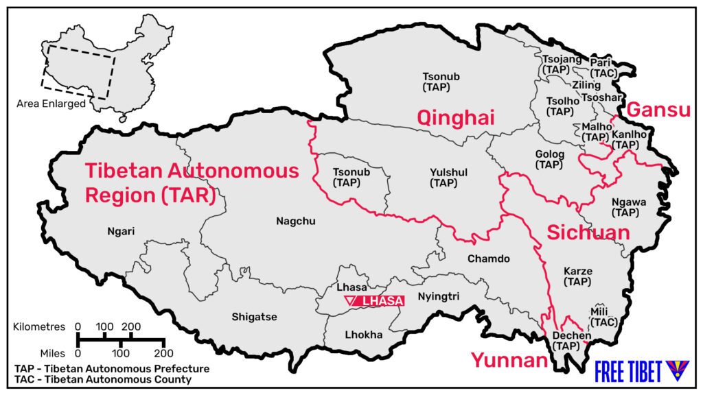 Today's Tibet under occupation: only part of historic Tibet is included in the TAR and other areas have become regions of China.