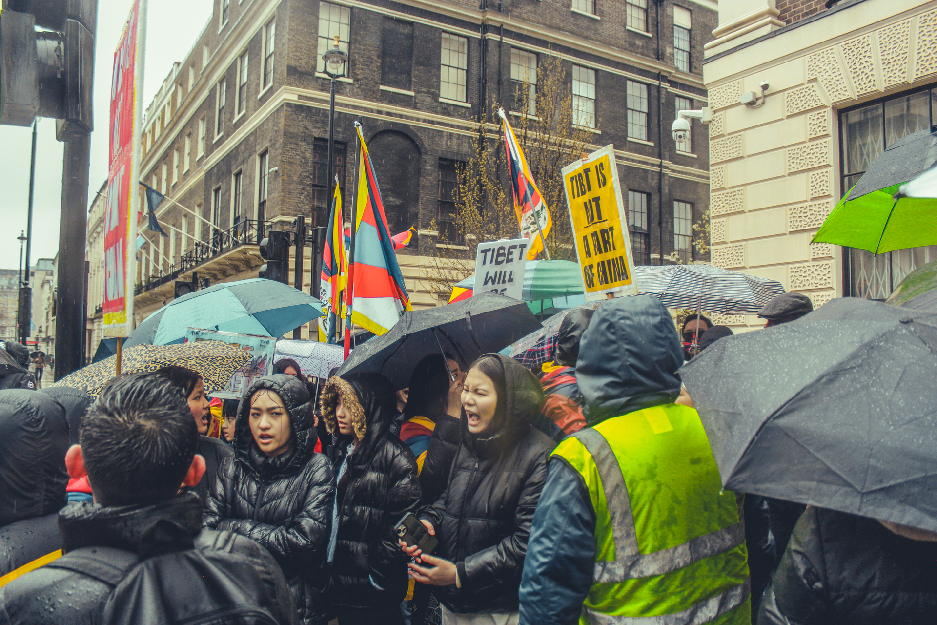 Protesters chant and shout for the freedom of Tibetans on the streets of London.